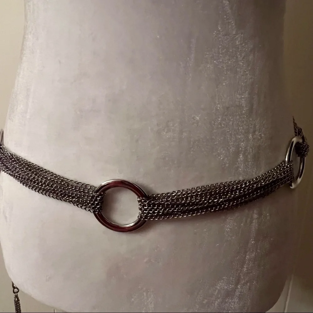 Silver Ring Multi-Chain Tassel Belt | Boho Layered Drape Waist Chain EUC